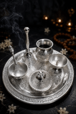 Silver Engraved Complete Pooja Thali Set with Bell, Kalash, Diya, Bowl and Spoon - Image 4