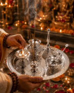 Silver Engraved Complete Pooja Thali Set with Diya, Bell, Kalash, Incense Holder and Spoon Bowl - Image 7