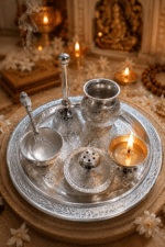 Silver Engraved Complete Pooja Thali Set with Bell, Kalash, Diya, Bowl and Spoon - Image 3