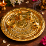 Brass Om Mantra Aarti Thali with Diya, Incense Holder and Pooja Box