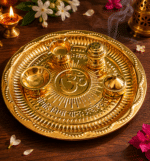 Brass Om Mantra Aarti Thali with Diya, Incense Holder and Pooja Box