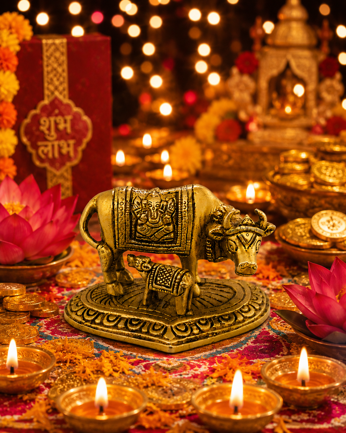 file_00000000881871faabb640e1bcbe8906 Brass Kamdhenu Cow and Calf Idol with Ganesh Design - Image 1