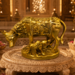 Brass Kamdhenu Cow with Calf and Decorative Blanket Design