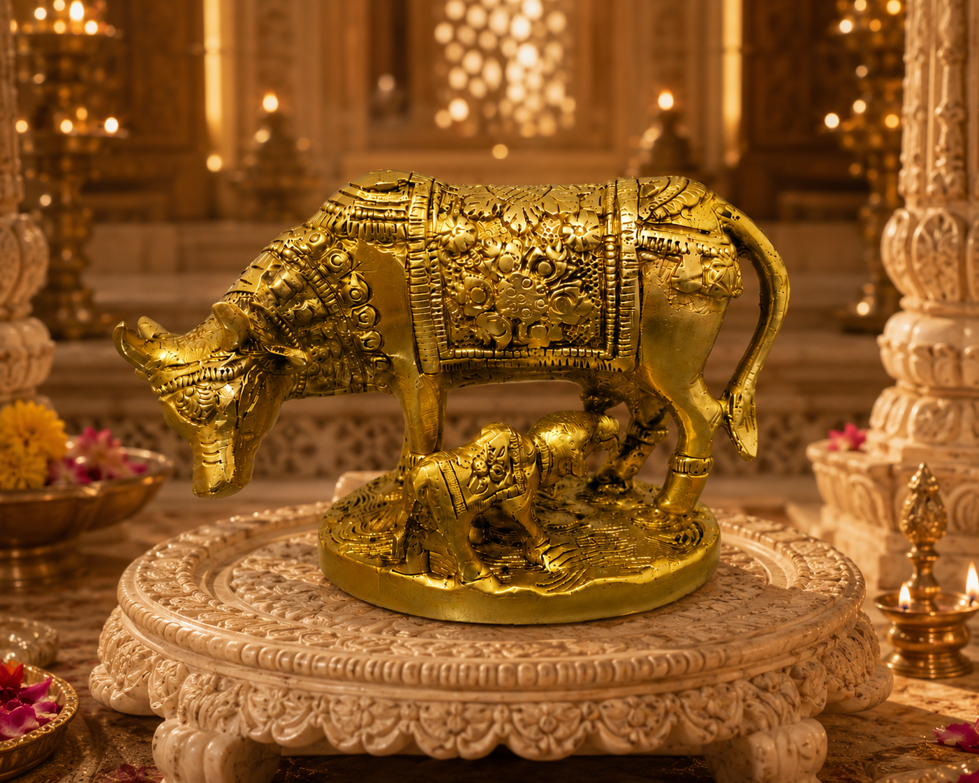 file_0000000088f47207ac2f4c01c0446f6d Brass Kamdhenu Cow with Calf and Decorative Blanket Design - Image 1