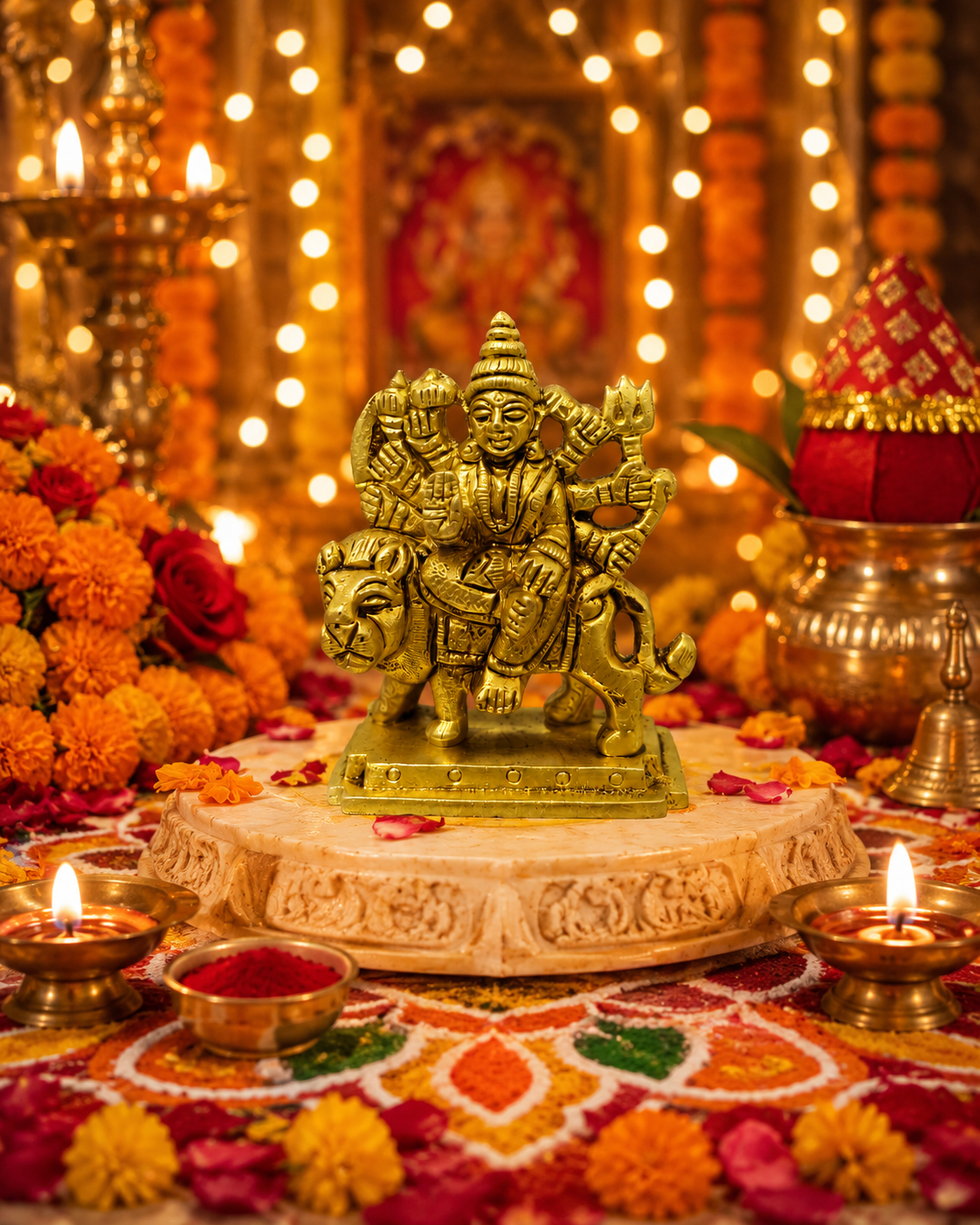 file_000000008de472089ddf943f5a4434d6 Brass Goddess Durga Idol on Lion / Sherawali Mata Murti - Image 1