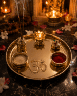 Brass Om Pooja Thali Set with Diya,Agarbatti Holder, Roli Chawal Bowls and Container - Image 4
