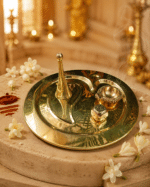 Brass Oval Om Pooja Thali with Bell, Diya and Incense Holder