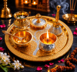 Gold Silver Complete Pooja Thali Set with Kalash, Bell, Diya and Accessories