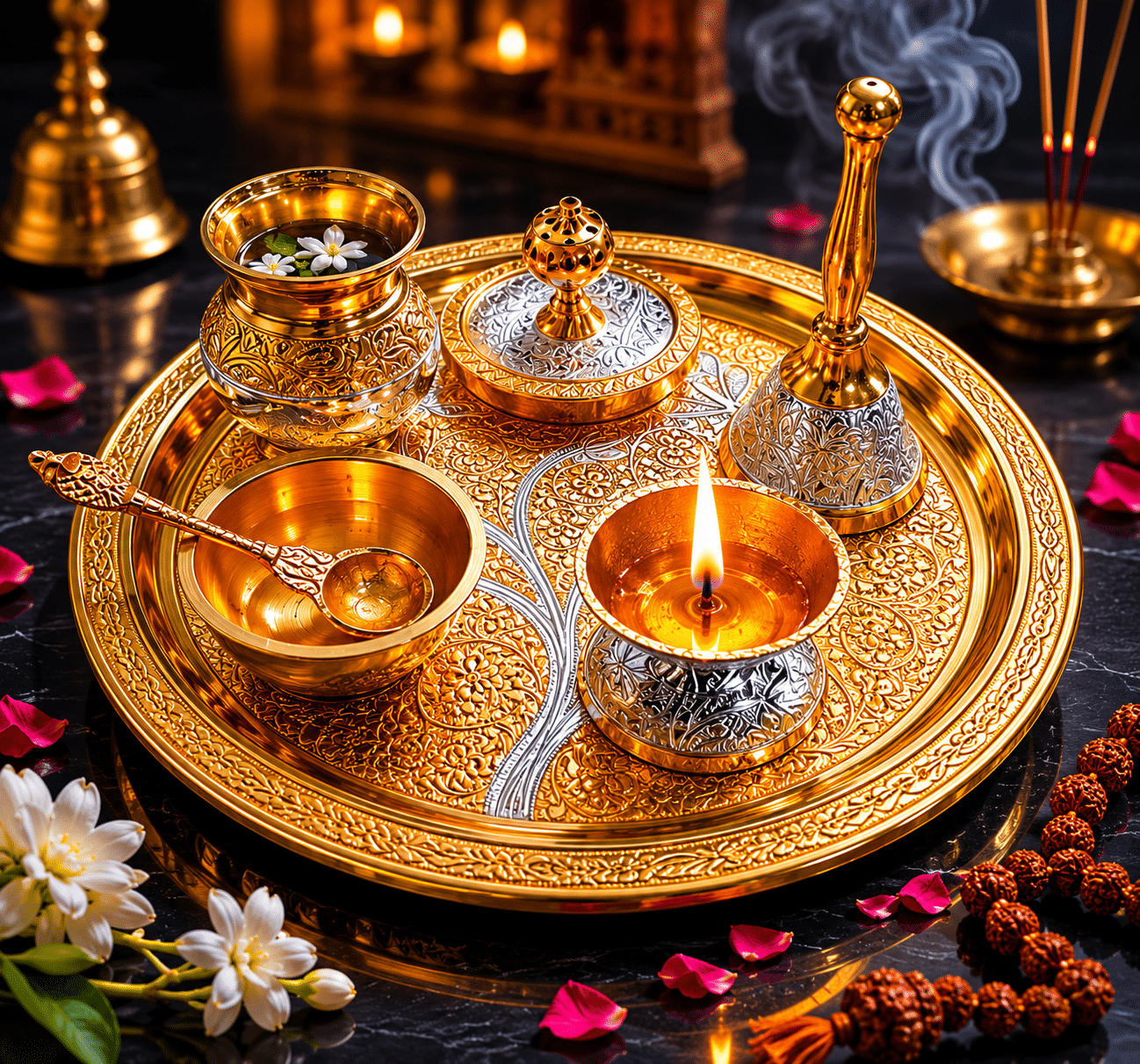file_000000009888722fb280472e46e525ab Gold Silver Complete Pooja Thali Set with Kalash, Bell, Diya and Accessories - Image 1