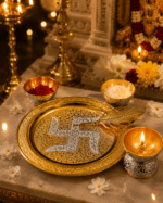 Gold Silver Swastik Pooja Thali Set with Diya, Bowls and Feather Spoon - Image 2