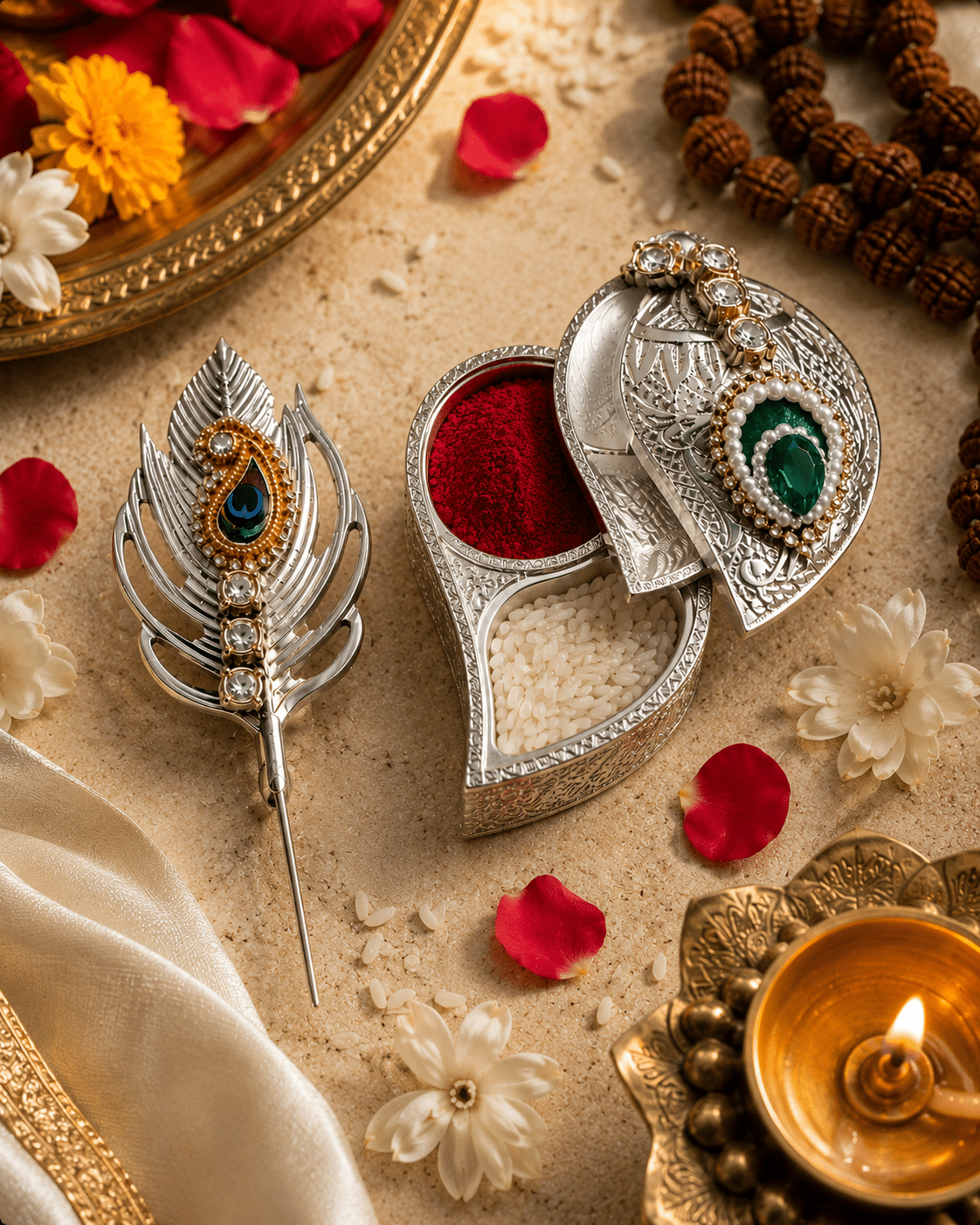 file_0000000099f072089741aa8874c4cd56 Decorative Roli Chawal Box with Peacock Tilak Stick - Image 1