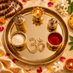 Brass Om Pooja Thali Set with Diya,Agarbatti Holder, Roli Chawal Bowls and Container