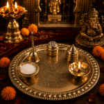 Brass Engraved Pooja Thali Set with Bell, Bowls, Incense sticks Holder and Container - Image 7