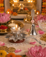Lotus Diya with Matching Leaf Handle Bell - Image 2