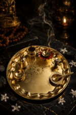 Large Golden Floral Brass Pooja Thali Set with Diya, Kalash, Bell, Bowl and Spoon - Image 8
