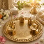 Brass Engraved Pooja Thali Set with Bell, Bowls, Incense sticks Holder and Container