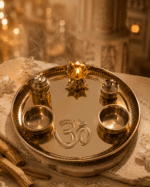 Brass Om Pooja Thali Set with Diya,Agarbatti Holder, Roli Chawal Bowls and Container - Image 2
