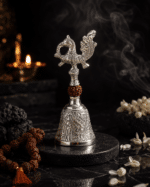 Silver Peacock Rudraksha Pooja Bell with Engraved Base - Image 5
