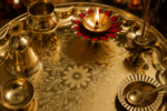 Large Golden Floral Brass Pooja Thali Set with Diya, Kalash, Bell, Bowl and Spoon - Image 7