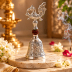 Silver Peacock Rudraksha Pooja Bell with Engraved Base