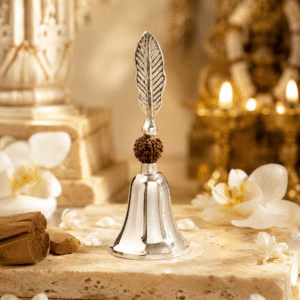 Silver Leaf Handle Rudraksha Pooja Bell / Designer Mandir Ghanti