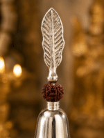 Silver Leaf Handle Rudraksha Pooja Bell / Designer Mandir Ghanti - Image 2