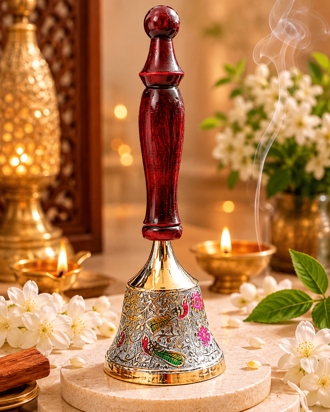 file_00000000ca80720c884f91818ae4d313 Brass Pooja Bell with Brown Wooden Handle - Image 1
