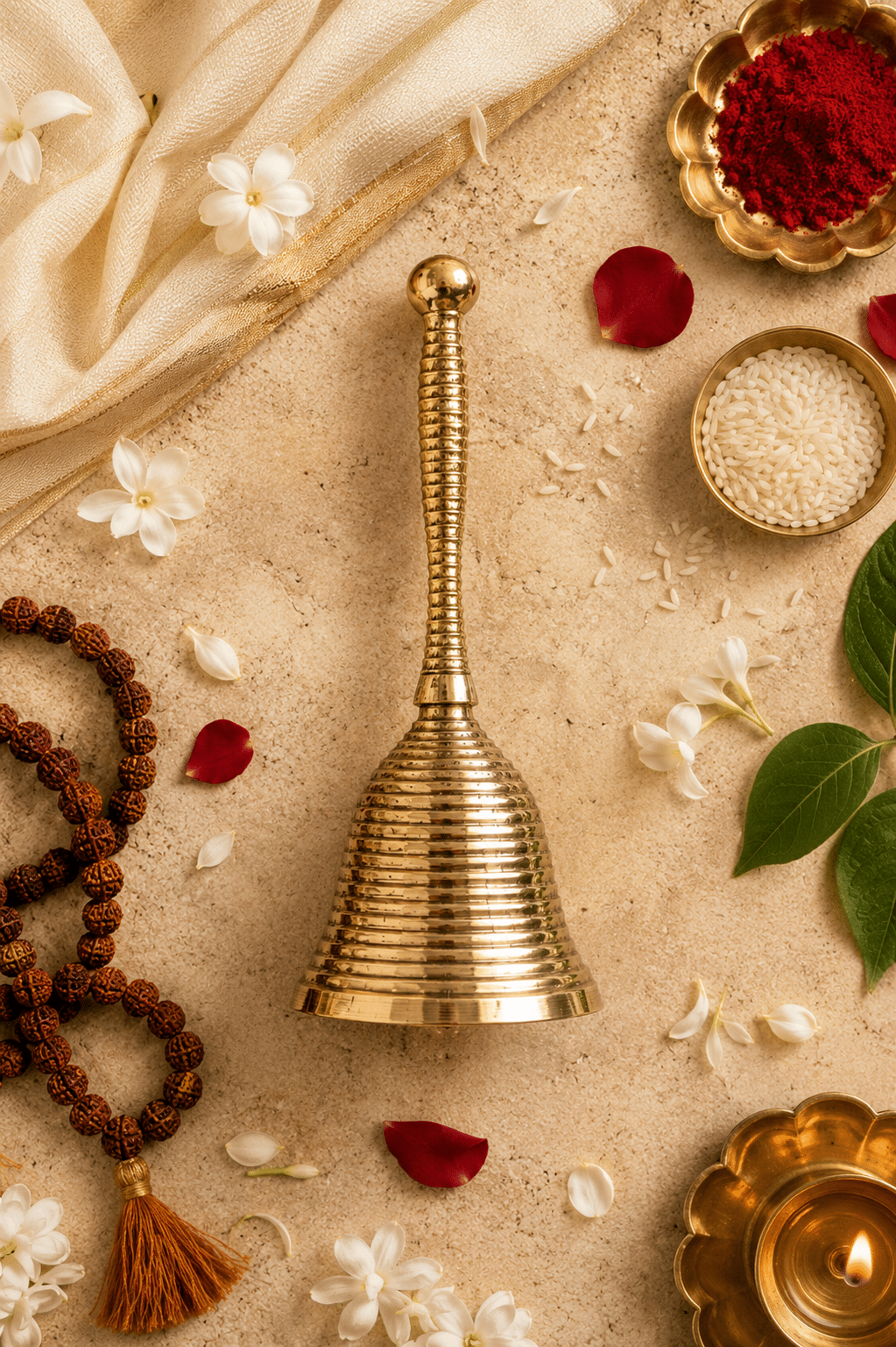 file_00000000cca8722f97a614e156030a49 Traditional Plain Brass Pooja Bell with Ribbed Handle - Image 1