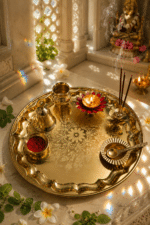 Large Golden Floral Brass Pooja Thali Set with Diya, Kalash, Bell, Bowl and Spoon - Image 6