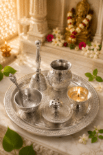 Silver Engraved Complete Pooja Thali Set with Bell, Kalash, Diya, Bowl and Spoon - Image 8