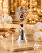 Peacock Gemstone Rudraksha Pooja Bell with Red Stone and Pearl Detailing - Image 9