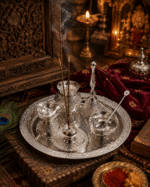 Silver Engraved Complete Pooja Thali Set with Diya, Bell, Kalash, Incense Holder and Spoon Bowl - Image 9