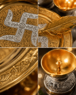Gold Silver Swastik Pooja Thali Set with Diya, Bowls and Feather Spoon - Image 9