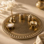 Brass Engraved Pooja Thali Set with Bell, Bowls, Incense sticks Holder and Container - Image 6