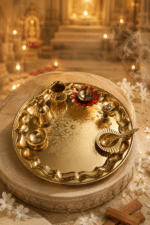 Large Golden Floral Brass Pooja Thali Set with Diya, Kalash, Bell, Bowl and Spoon - Image 5