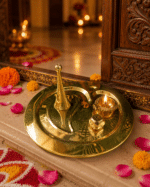 Brass Oval Om Pooja Thali with Bell, Diya and Incense Holder - Image 6