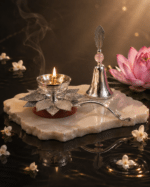 Lotus Diya with Matching Leaf Handle Bell - Image 11