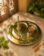 Brass Oval Om Pooja Thali with Bell, Diya and Incense Holder - Image 5