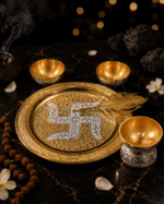 Gold Silver Swastik Pooja Thali Set with Diya, Bowls and Feather Spoon - Image 8