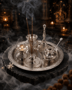 Silver Engraved Complete Pooja Thali Set with Diya, Bell, Kalash, Incense Holder and Spoon Bowl - Image 8