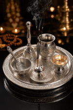 Silver Engraved Complete Pooja Thali Set with Bell, Kalash, Diya, Bowl and Spoon - Image 6