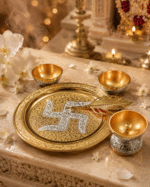 Gold Silver Swastik Pooja Thali Set with Diya, Bowls and Feather Spoon - Image 7