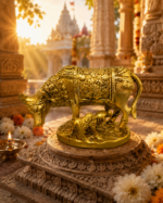 Brass Kamdhenu Cow with Calf and Decorative Blanket Design - Image 9